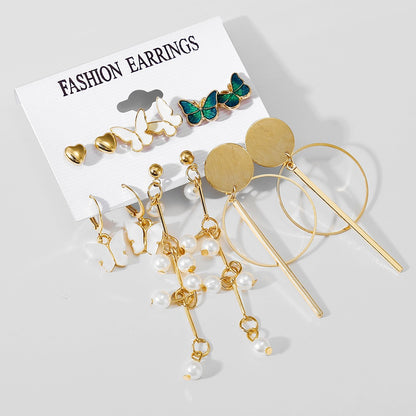 New Inlaid Pearl Ladies Earrings Creative French Vintage Gold Earrings 6 Pieces Set