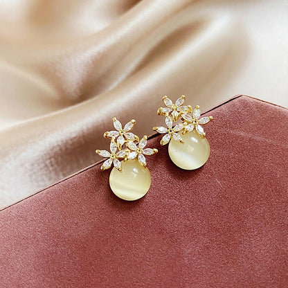 S925 Silver Needle Cat's Eye Small Earrings Female Geometric Square Love Diamond Earrings Simple Atmosphere Earrings