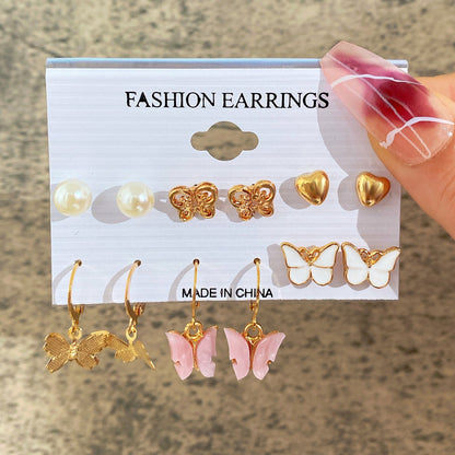 New Inlaid Pearl Ladies Earrings Creative French Vintage Gold Earrings 6 Pieces Set