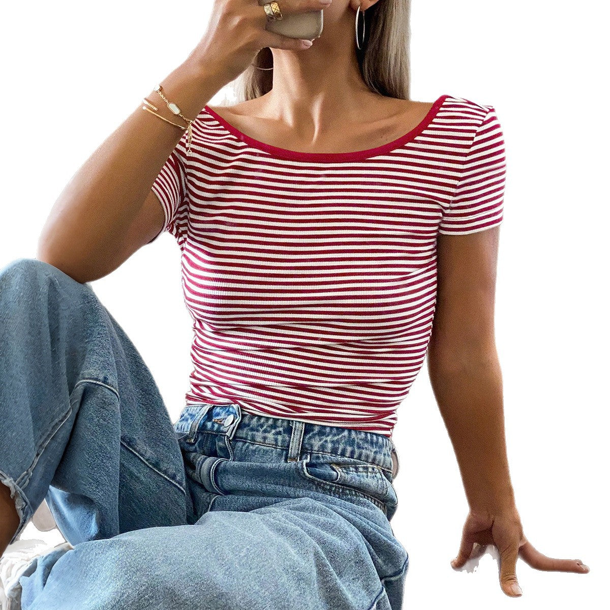 Striped Short Sleeve Tank Top Women's T-shirt Women's Clothing
