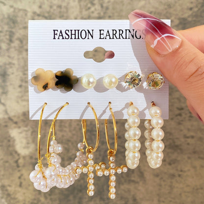 New Inlaid Pearl Ladies Earrings Creative French Vintage Gold Earrings 6 Pieces Set