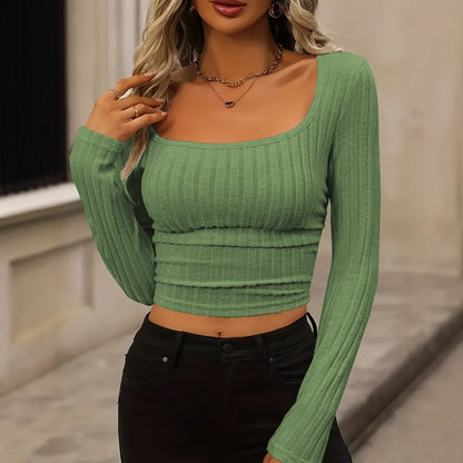 Daily Solid Color Fleece Ribbed Texture Knitted Pleated Side Slim Fit T-Shirt