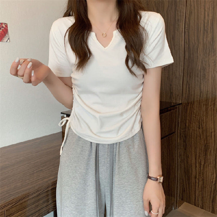 V-Neck Drawstring Fitted Sexy Style Short Sleeve T-Shirt for WomenFashionable Casual Top