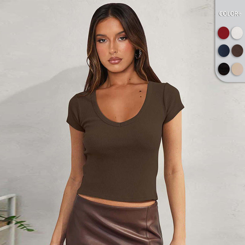 Women's Clothing Ribbed Shoulder Short Sleeve T-Shirt Fitted Versatile Short