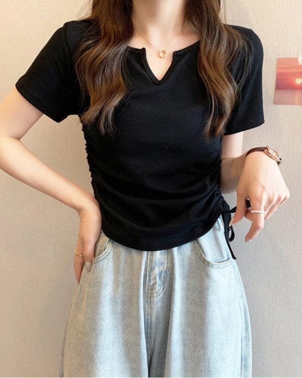 V-Neck Drawstring Fitted Sexy Style Short Sleeve T-Shirt for WomenFashionable Casual Top