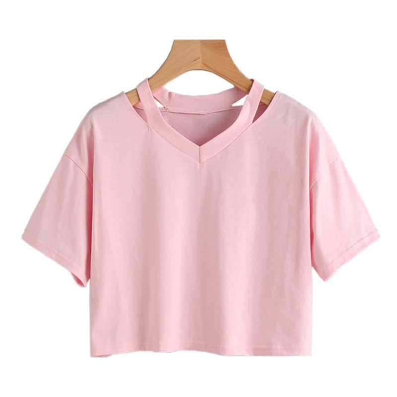 Shoulder Hollow Out Solid Color V-Neck Short Sleeve Loose Daily Women's Top