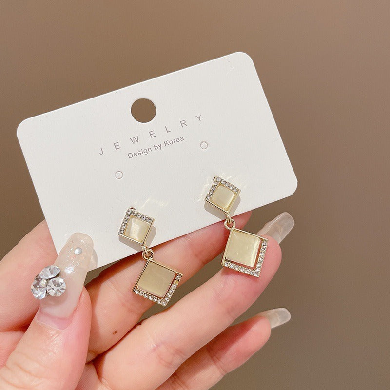 S925 Silver Needle Cat's Eye Small Earrings Female Geometric Square Love Diamond Earrings Simple Atmosphere Earrings