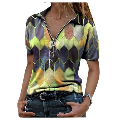 New T-shirt summer short sleeved zipper V-neck contrasting printed base top
