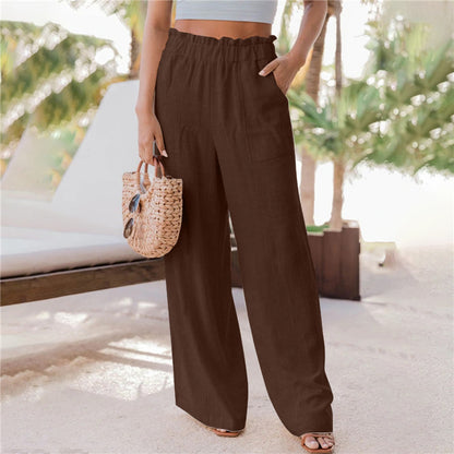 Summer New Women's Casual Pants Fashion Ruffled Patch Pocket Wide Leg Pants