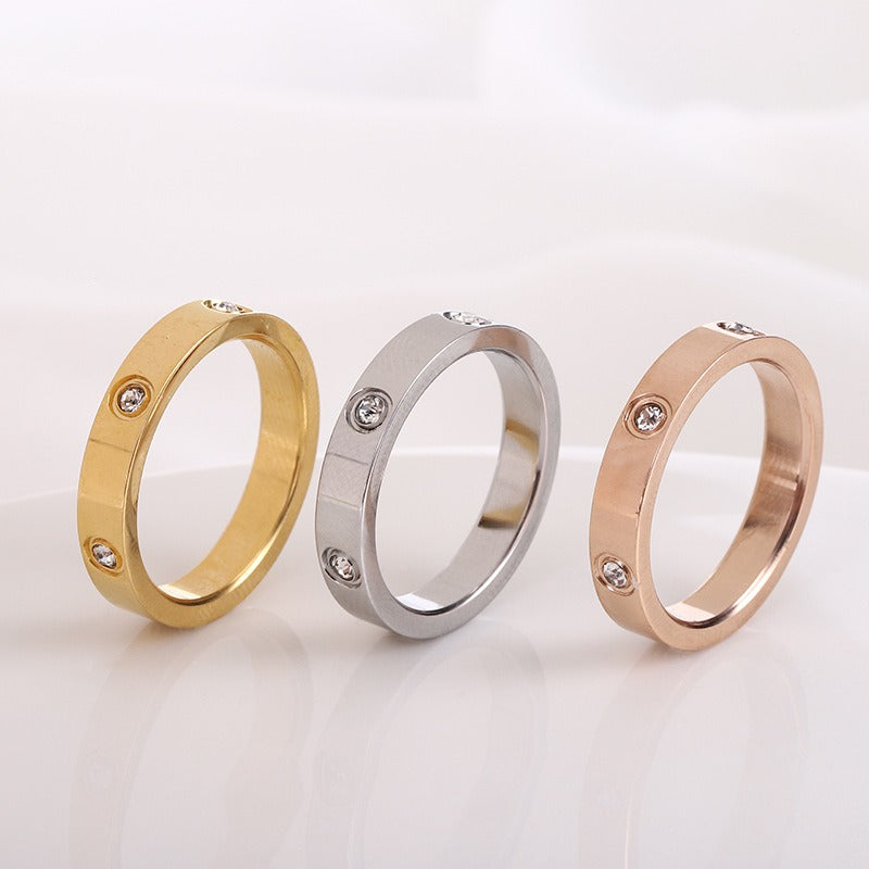 Titanium Steel Ring Classic 18K Rose Gold Diamond Free Three Full Diamond Wedding Ring for Men and Women
