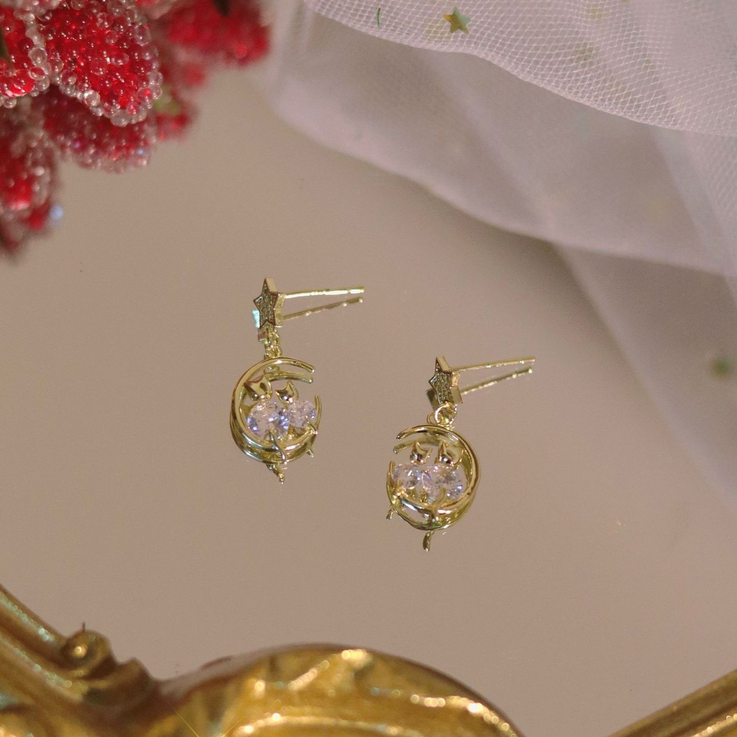 S925 Silver Needle Cat's Eye Small Earrings Female Geometric Square Love Diamond Earrings Simple Atmosphere Earrings