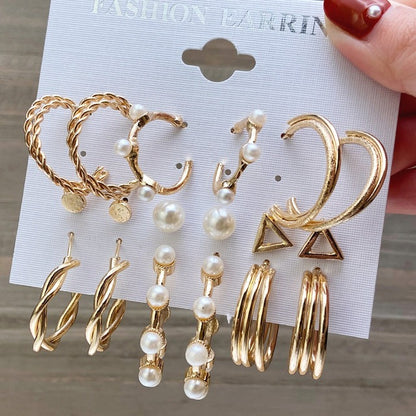 New Inlaid Pearl Ladies Earrings Creative French Vintage Gold Earrings 6 Pieces Set