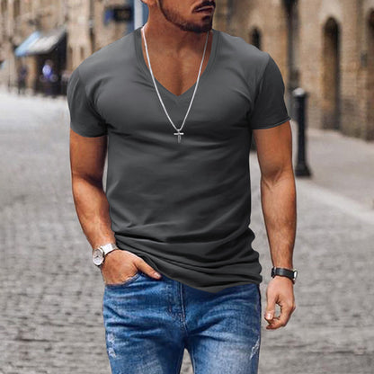 Men's T-shirt European and American summer men's clothing V-neck solid color slim fit casual T-shirt short sleeved top