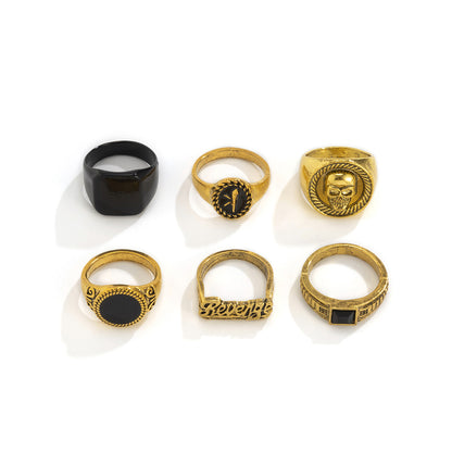 Geometric Crystal 6-Piece Set Ring Simple Personality Fashion Trendy Alloy Retro Set Ring For Men