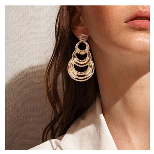 Gold Multi-Layer Geometric Circle Drop Earrings