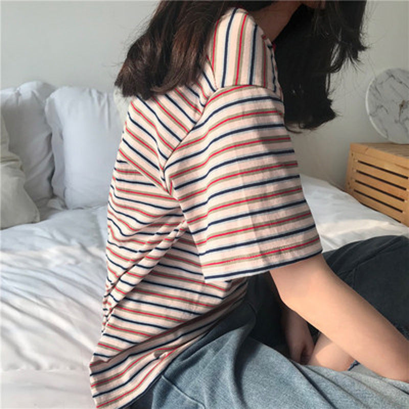 Casual Stripe Short Sleeve T-Shirt for Women, Loose Fit, Student Fashion Top, Basic Innerwear