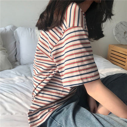 Casual Stripe Short Sleeve T-Shirt for Women, Loose Fit, Student Fashion Top, Basic Innerwear