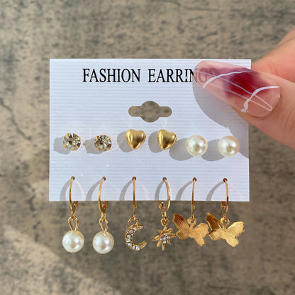 New Inlaid Pearl Ladies Earrings Creative French Vintage Gold Earrings 6 Pieces Set