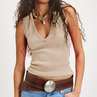 Women's Clothing  Pure Color V-neck Design Back Splicing Sleeveless Fitted Classic Versatile