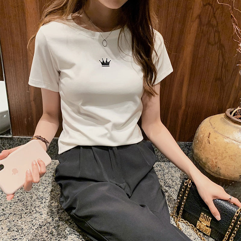 Fashionable Fitted Embroidered Round Neck Short Sleeve T-Shirt for Women Casual Basic TopStudent Style Ladies' Inner Wear