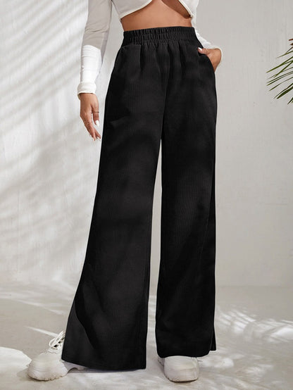 New Women's High Waist Casual Pants in Autumn and Winter Solid Corduroy Splice Slit Bottom Pants