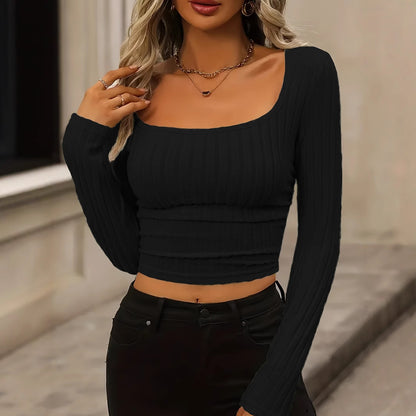 Daily Solid Color Fleece Ribbed Texture Knitted Pleated Side Slim Fit T-Shirt