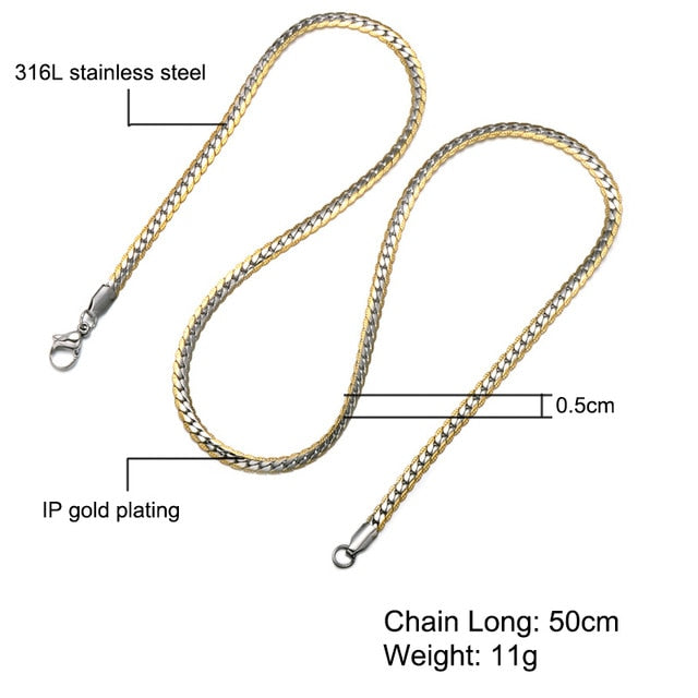 HIP Hop Gold Color Stainless Steel Curb Cuban Link Chain Necklaces Trendy Choker 50CM Long Flat Snake Chain for Men Jewelry