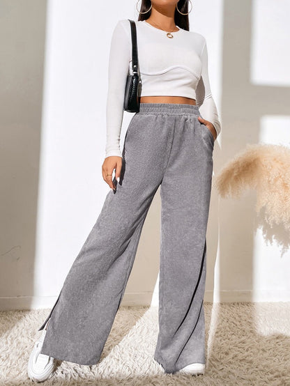 New Women's High Waist Casual Pants in Autumn and Winter Solid Corduroy Splice Slit Bottom Pants