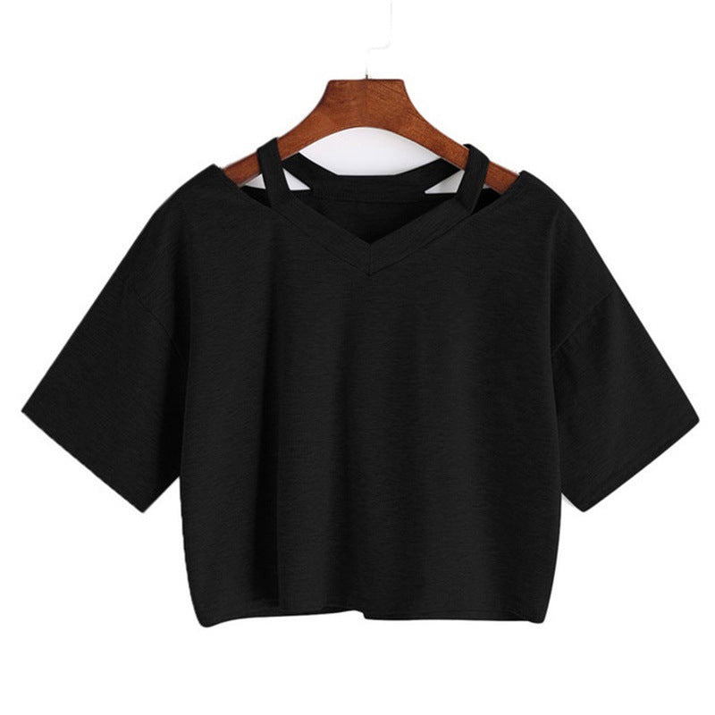 Shoulder Hollow Out Solid Color V-Neck Short Sleeve Loose Daily Women's Top