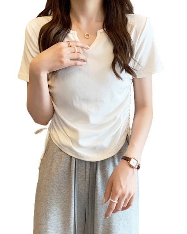 V-Neck Drawstring Fitted Sexy Style Short Sleeve T-Shirt for WomenFashionable Casual Top
