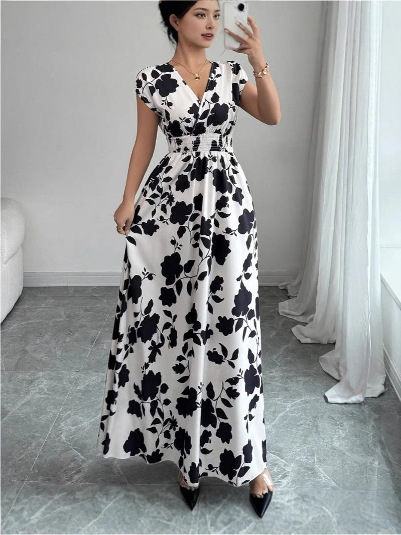 Floral Print V-Neck Lace-Up A-Line Dress