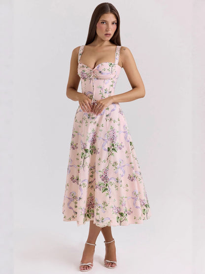 Floral Print Sling Dress with Lace Trim