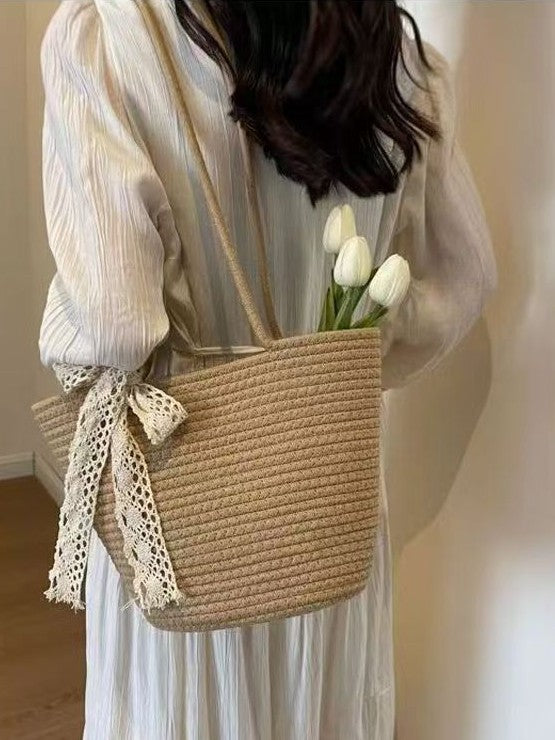Woven Straw Beach Tote Bag with Cotton Lining