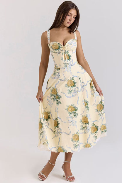Floral Print Sling Dress with Lace Trim