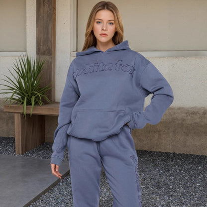 New Style Fleece Warm Hooded Embroidered Sweatshirt Fashionable Sports Cotton Blend Long Pants Two-Piece Set for Women