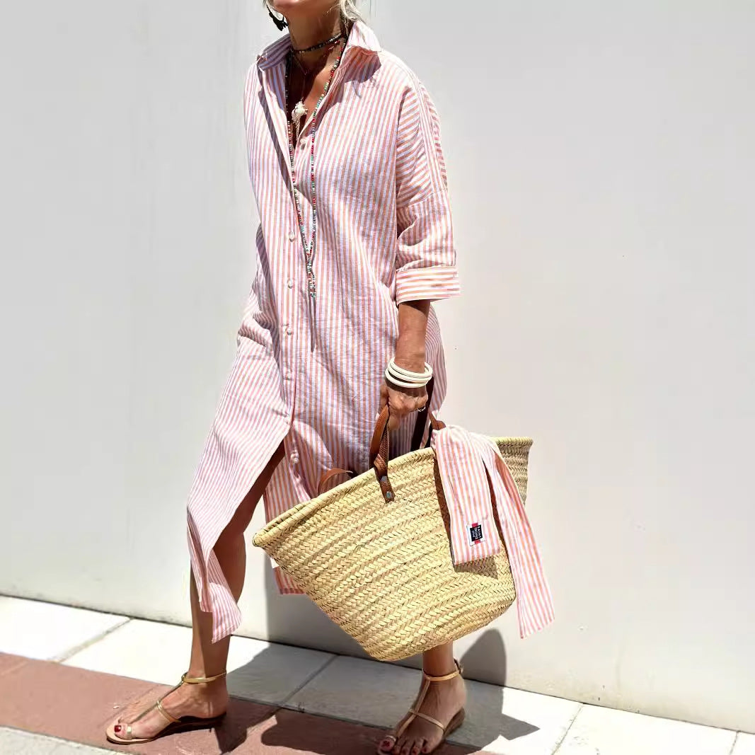Quarter Sleeve Striped Shirt Dress