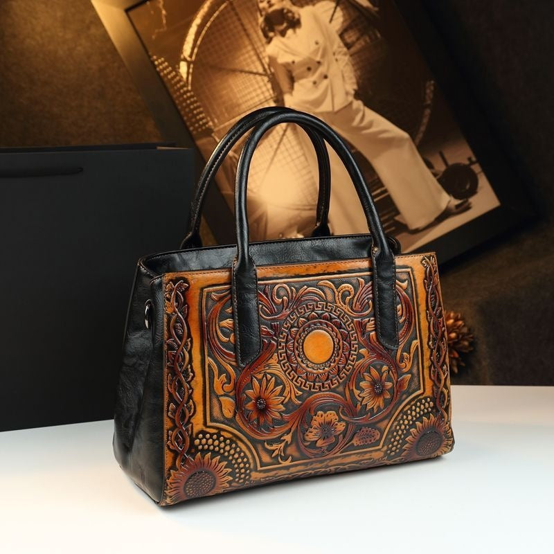 Atmospheric 2025 Retro Women's Bag Embossed Flower Tote Bag Genuine Leather New Ethnic Style Single Shoulder Crossbody Bag Large Capacity