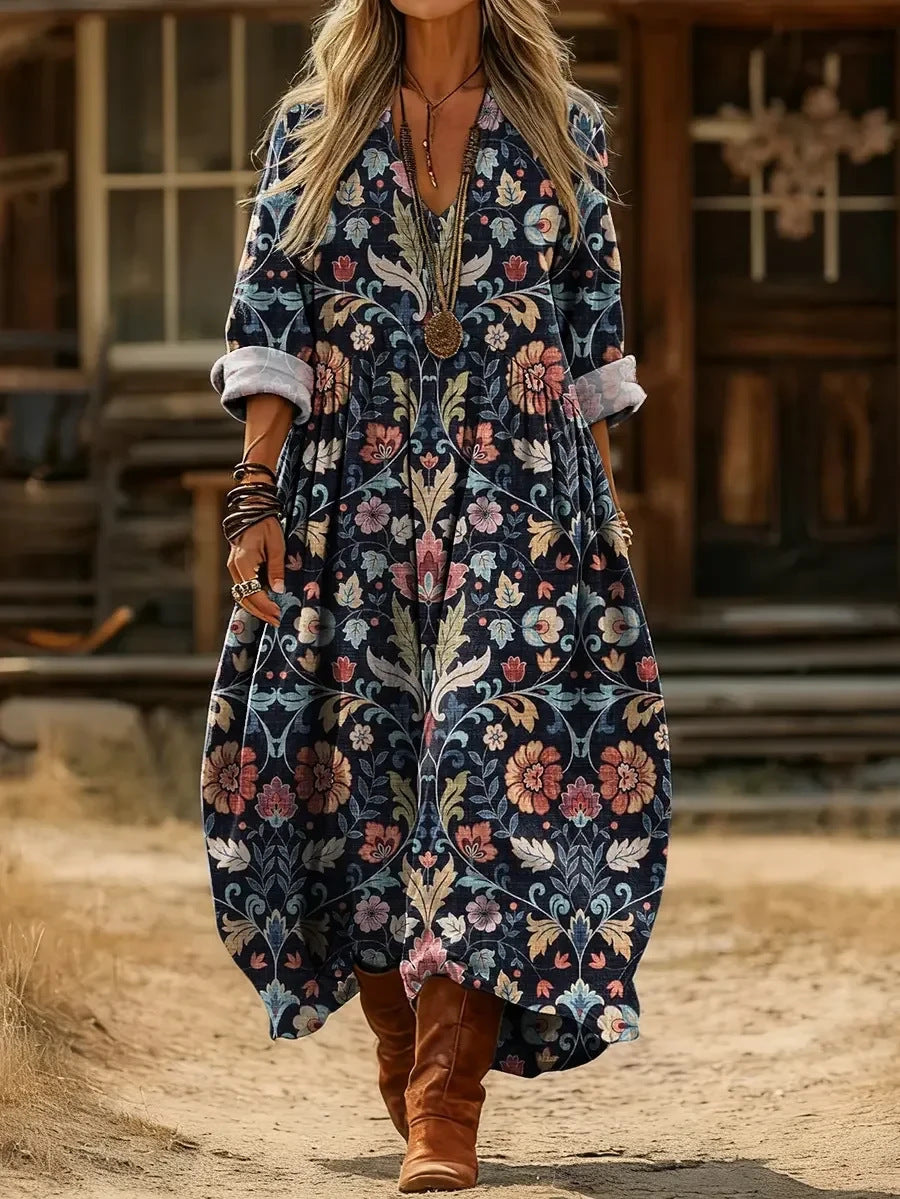 Womens Floral Print V-Neck Long Sleeve Dress