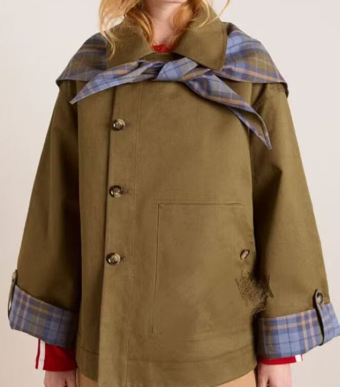 Reversible Plaid Embroidery Navy Collar Jacket