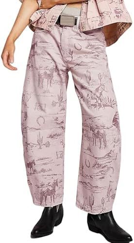 Floral Print Denim Wide Leg Trousers