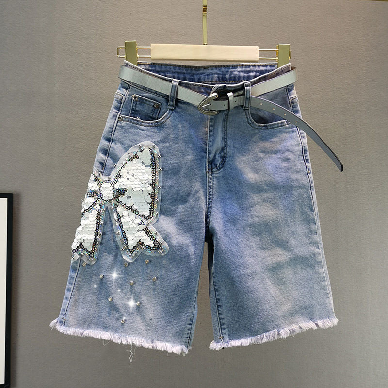 Beaded Denim Capris Shorts