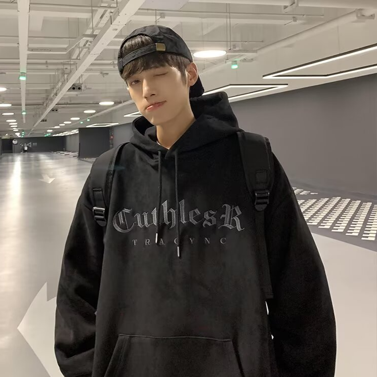 Mens Vintage Suede Letter Embroidered Hooded Sweatshirt