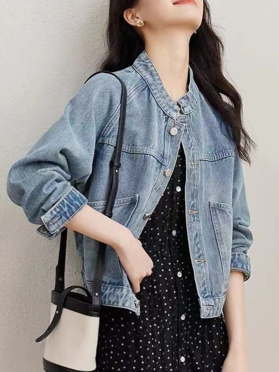 Vintage Washed Denim Stand Collar Jacket
