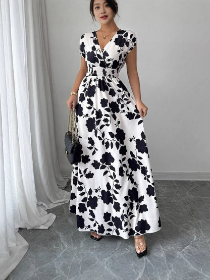 Floral Print V-Neck Lace-Up A-Line Dress