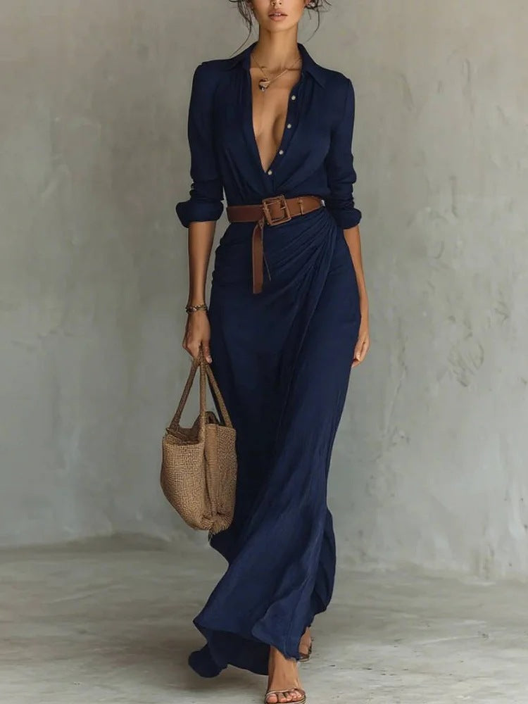 Elegant Pleated Belted Midi Dress