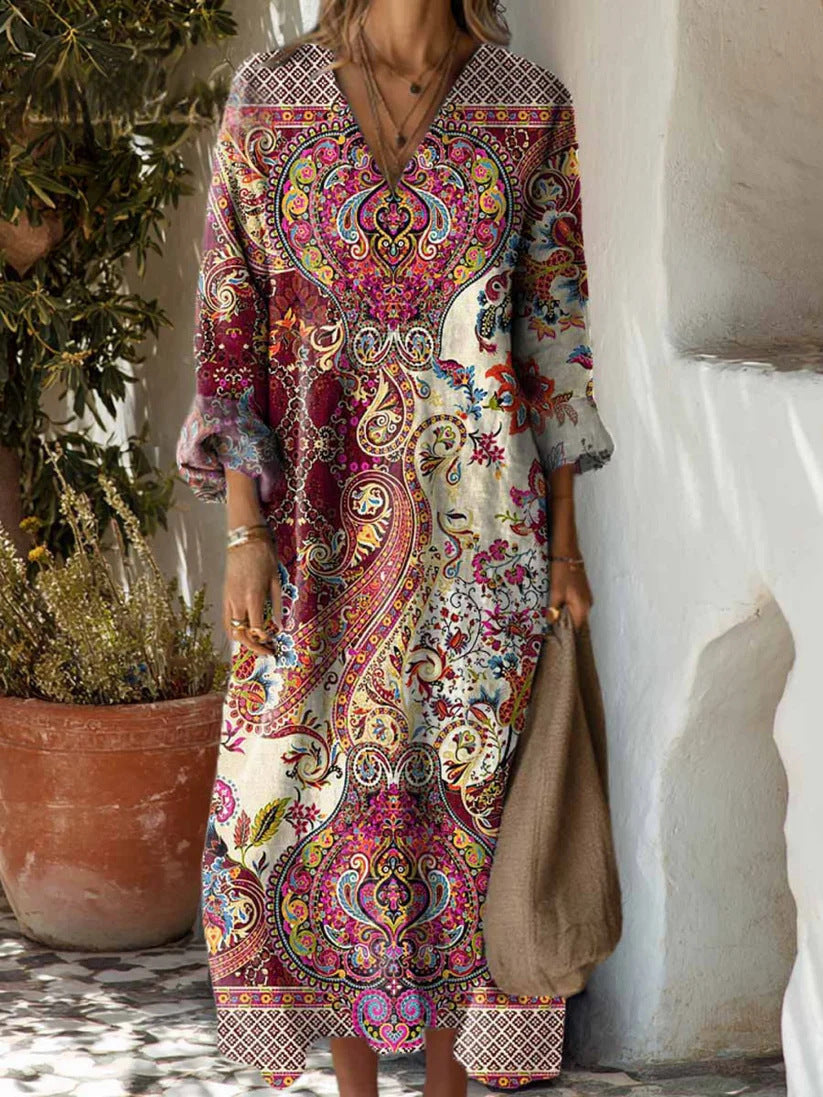 Womens Floral Print V-Neck Long Sleeve Dress
