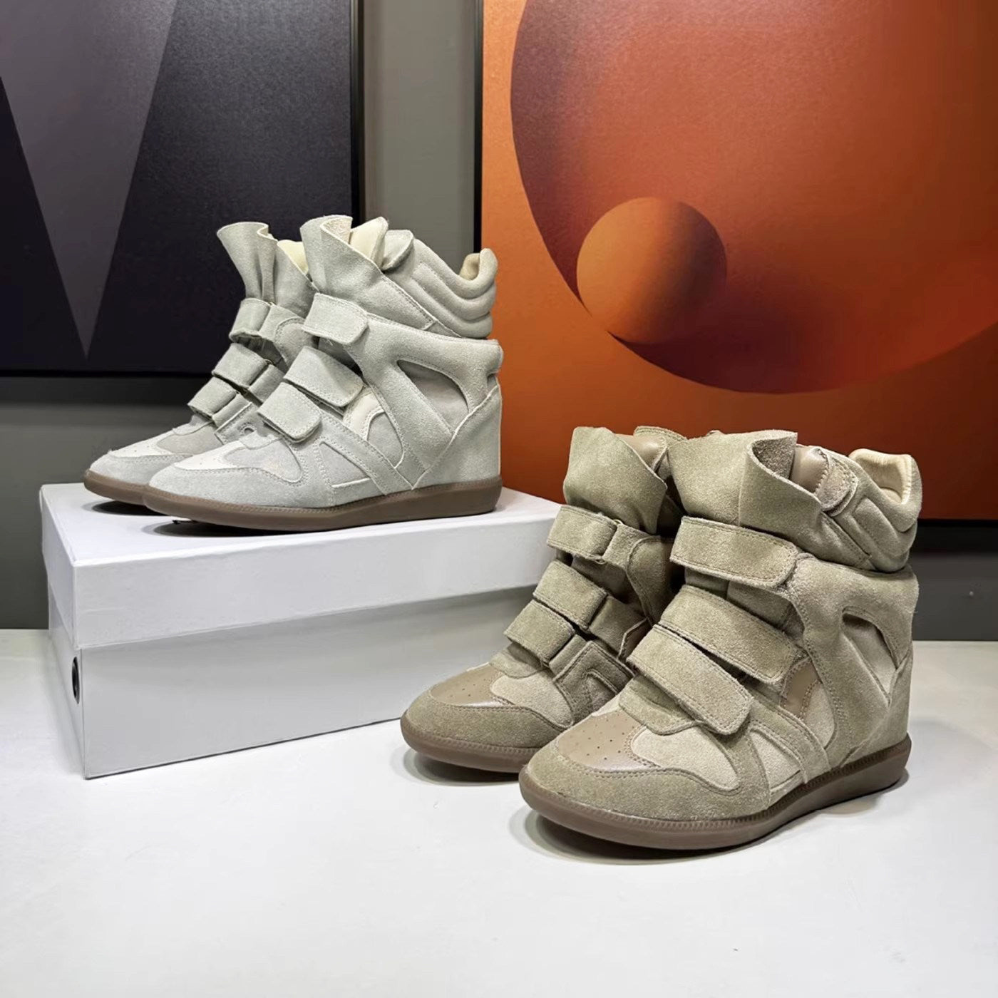 Women's Hidden Wedge Sneakers Cowhide Casual Shoes