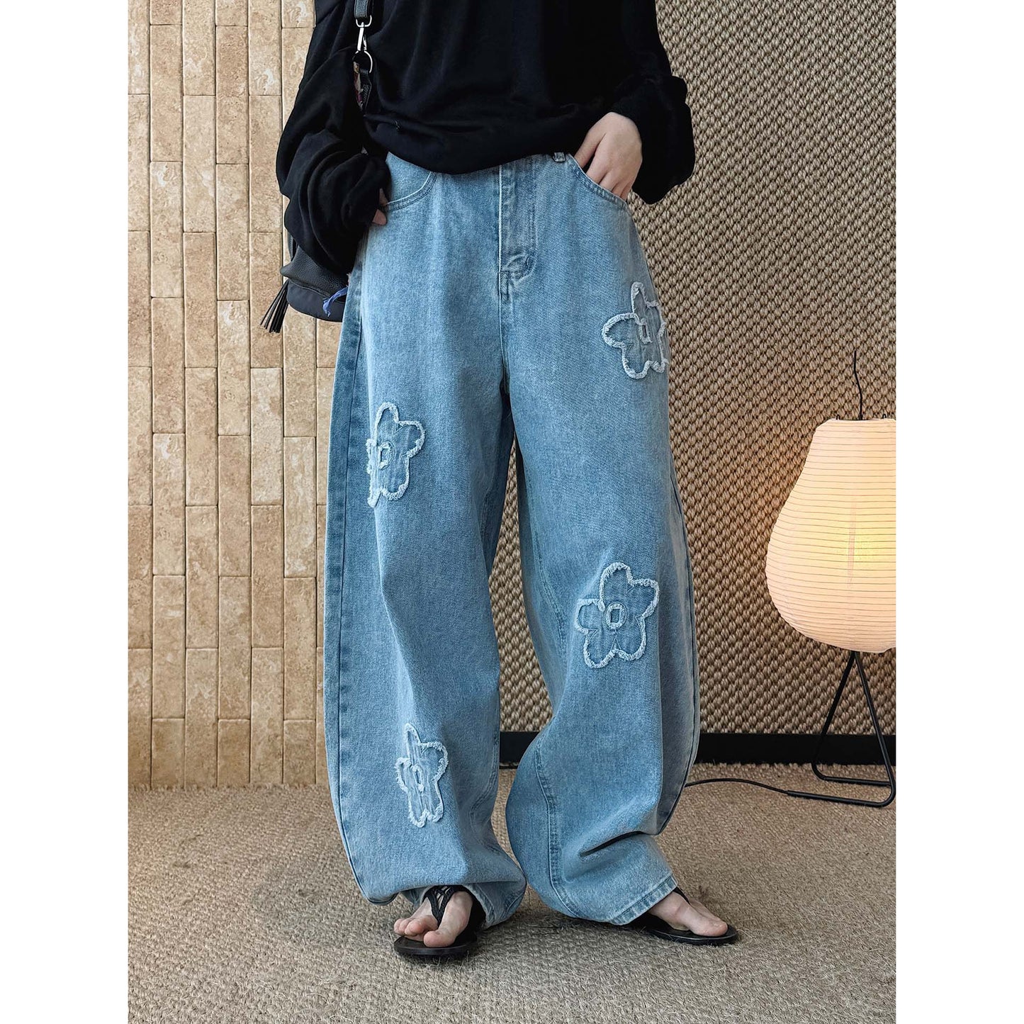 Floral Applique High Waist Wide Leg Denim Pants