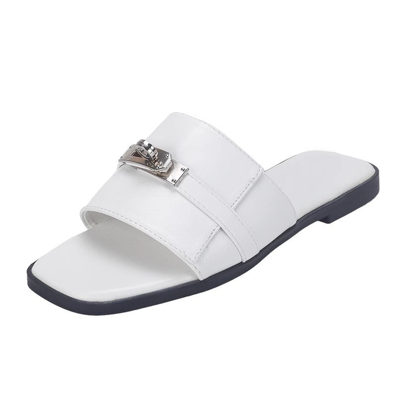 Womens Slip On Slippers Square Toe Flat Sandals