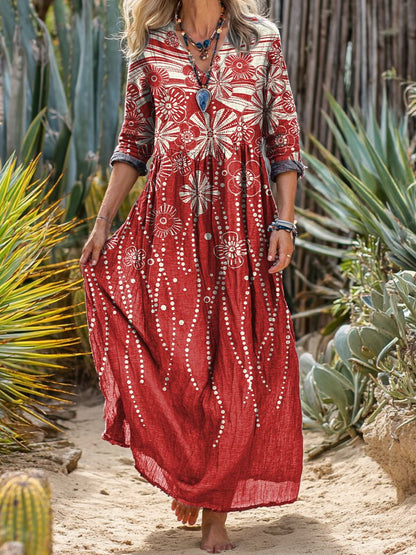 Womens Floral Print V-Neck Long Sleeve Dress